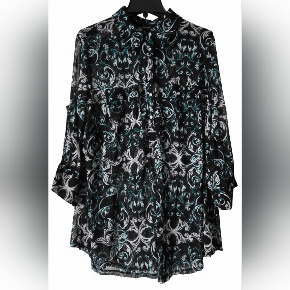 INC International Concepts Sheer Black & Teal Top Size 3X.